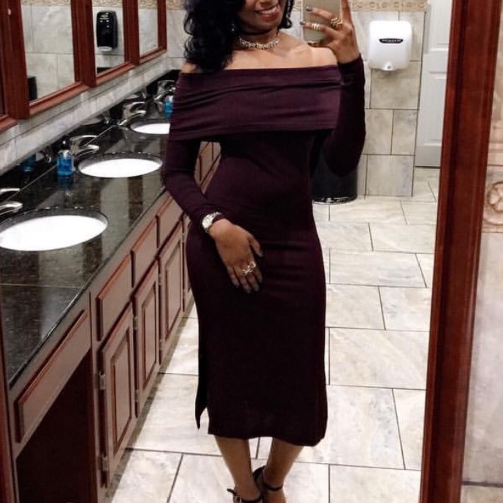 Gorgeous plum off the shoulder long sleeve dress